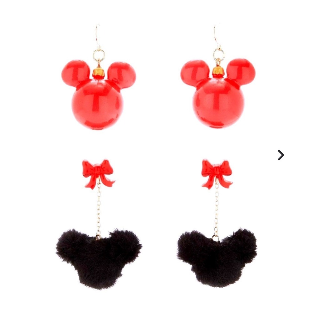 Disney Mickey Mouse Christmas Earrings Set Red Ornament & Black Fuzzy Bow 2 Pair
